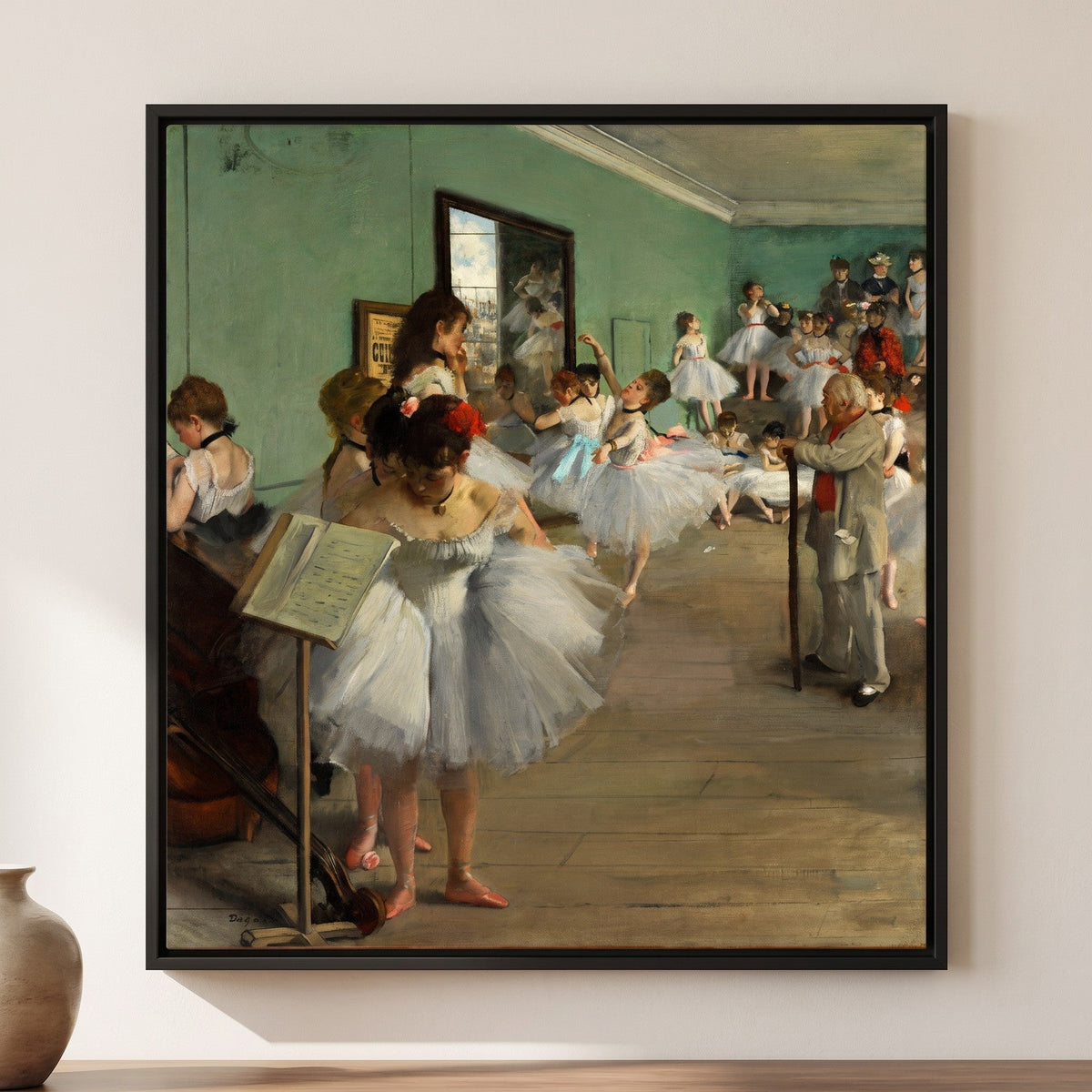Edgar Degas — The Dance Class — framed canvas print, shown on a wall