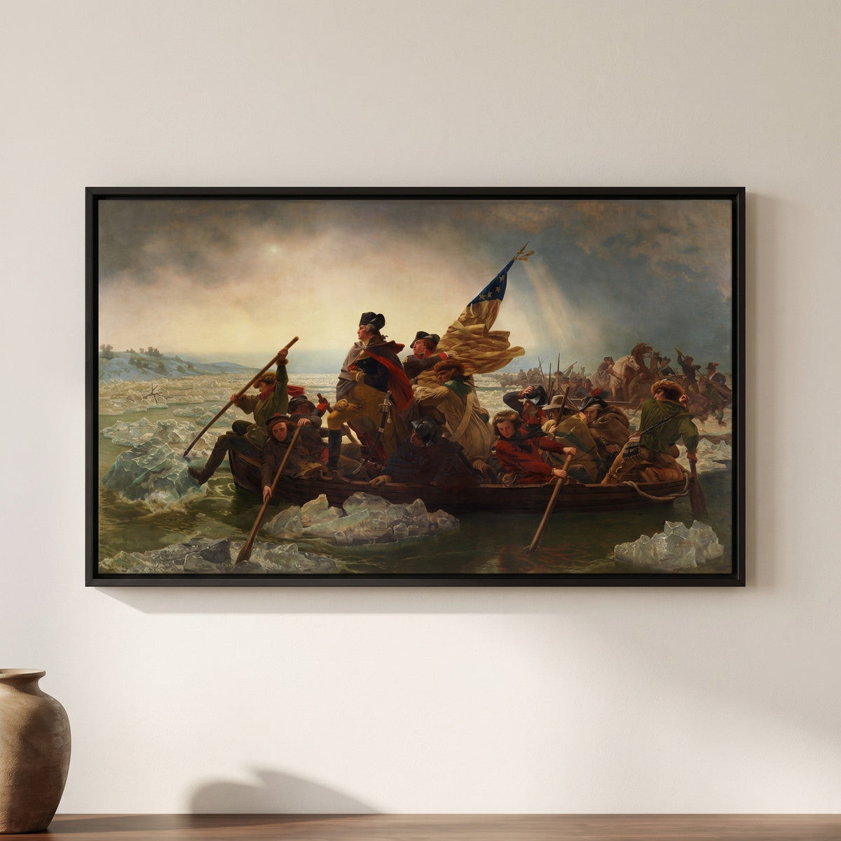 Emanuel Leutze — Washington Crossing the Delaware — framed canvas print, shown on a wall