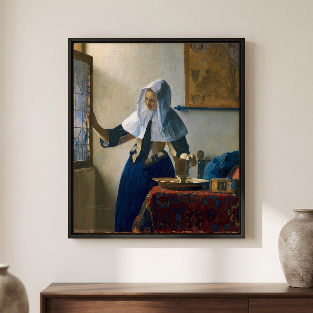 Johannes Vermeer — Young Woman with a Water Pitcher — framed canvas print, shown on a wall