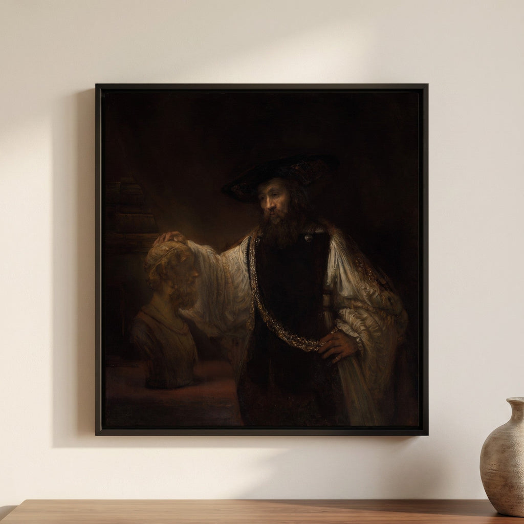 Rembrandt — Aristotle with a Bust of Homer — framed canvas print, shown on a wall
