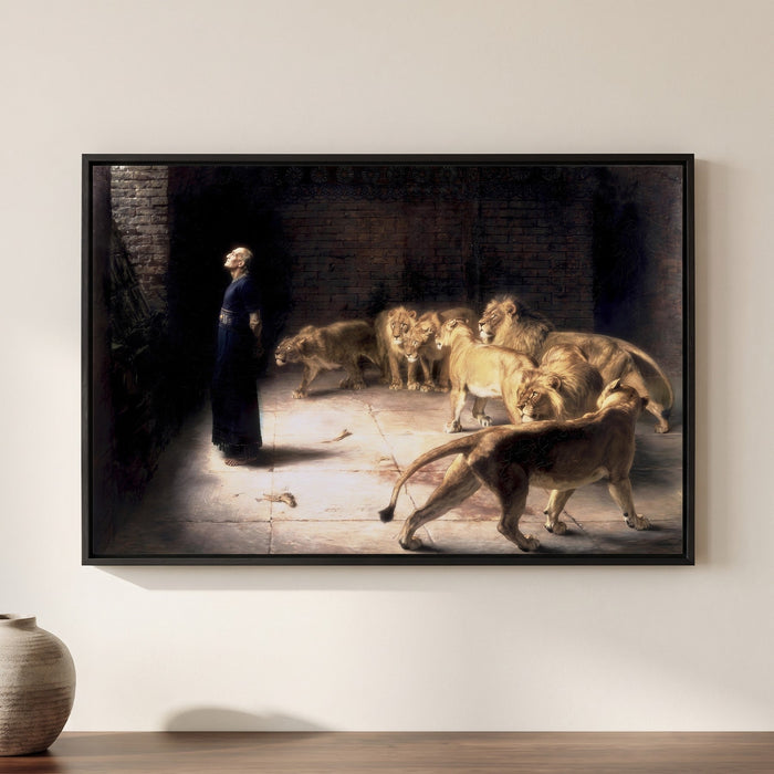 Briton Rivière — Daniel in the Lions' Den — framed canvas print, shown on a wall