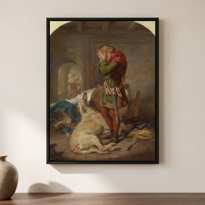 Gourlay Steell — Llywelyn and his Brave Hound, Gelert — framed canvas print, shown on a wall