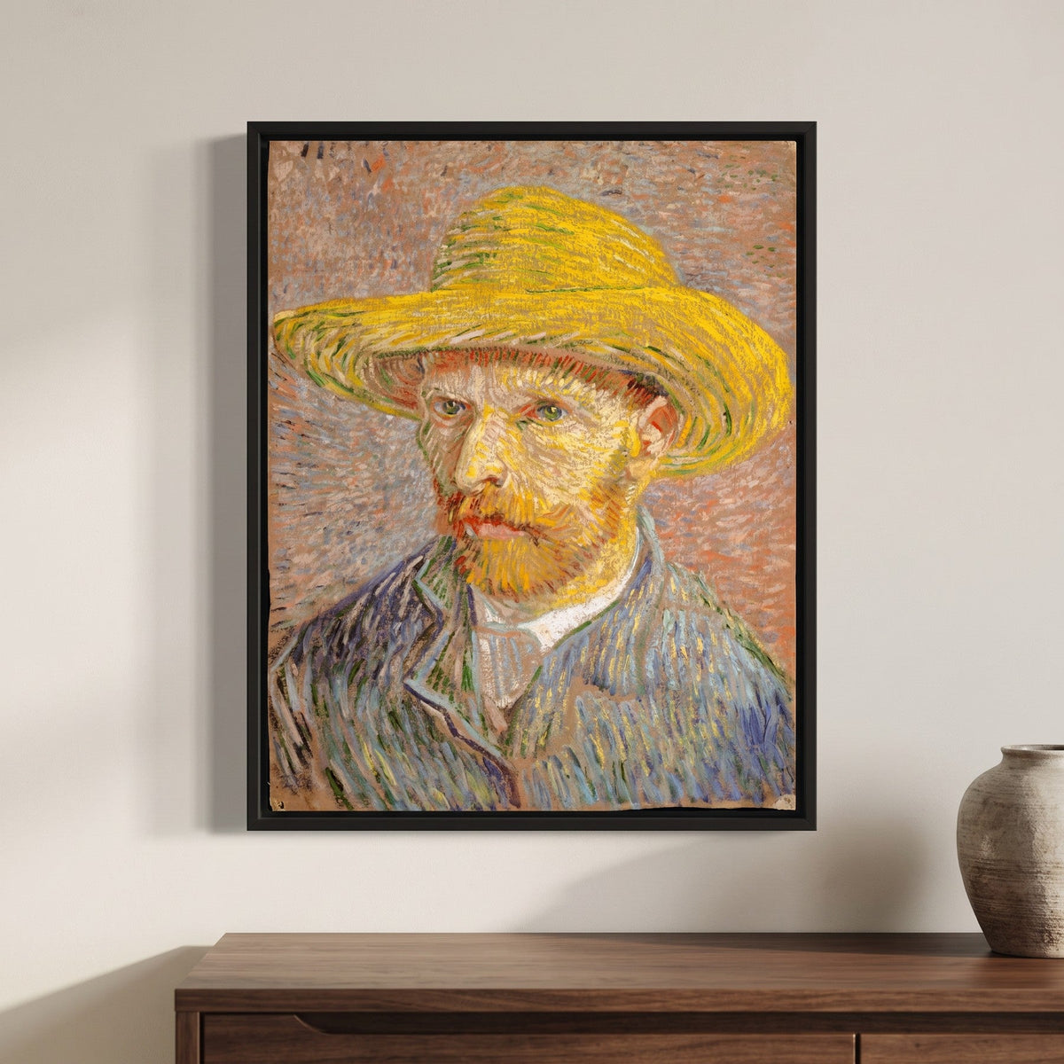 Vincent van Gogh — Self-Portrait with a Straw Hat — framed canvas print, shown on a wall