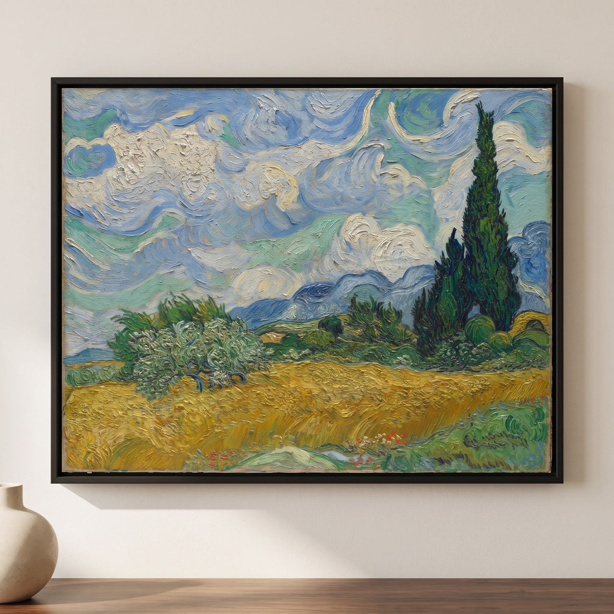 Vincent van Gogh — Wheat Field with Cypresses — framed canvas print, shown on a wall