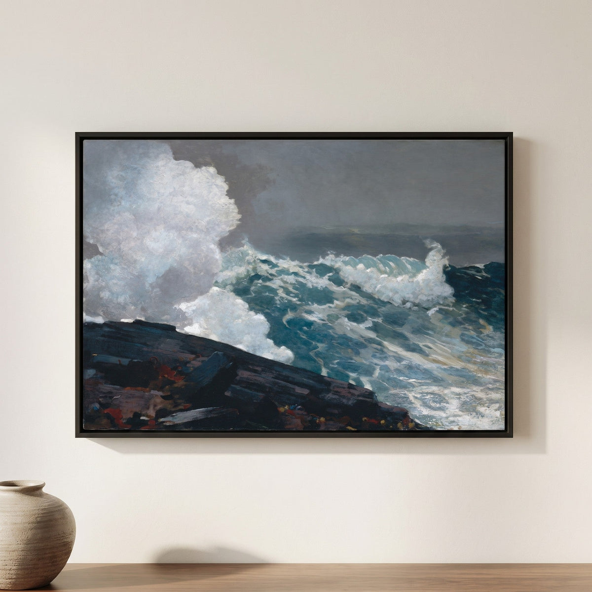 Winslow Homer — Northeaster — framed canvas print, shown on a wall