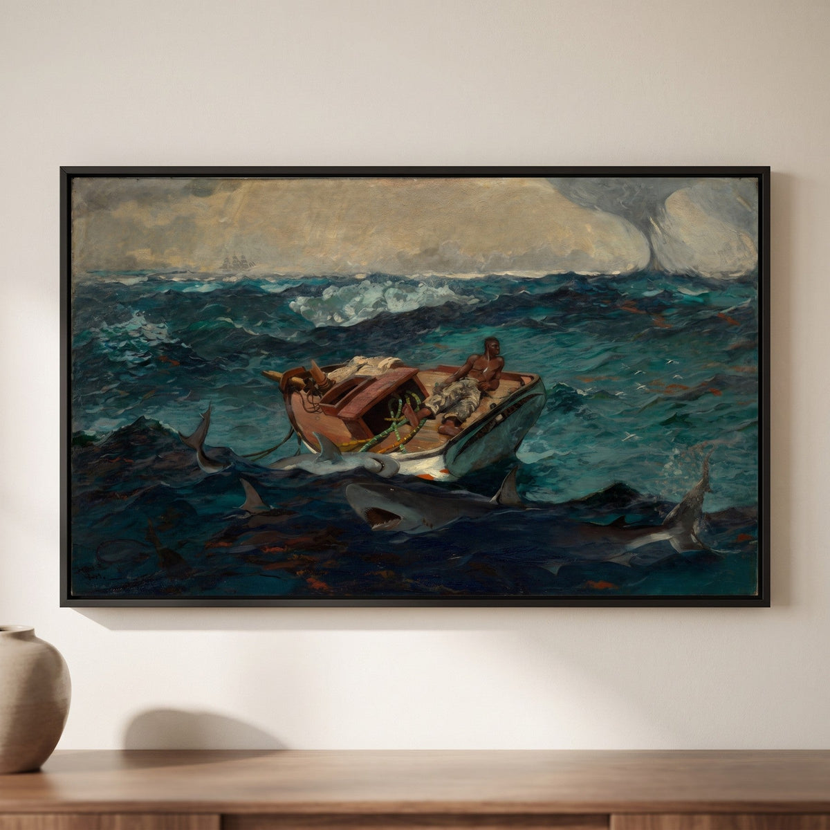 Winslow Homer — The Gulf Stream — framed canvas print, shown on a wall